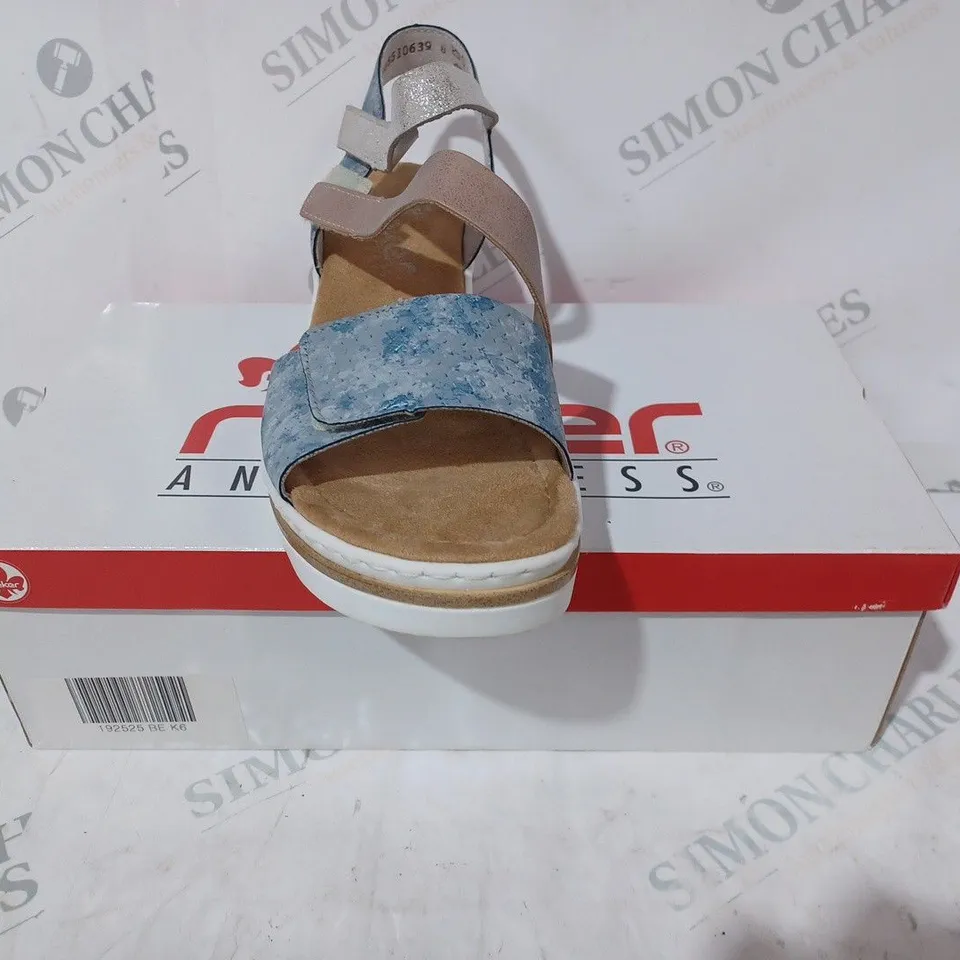 BOXED PAIR OF RIEKER OPEN TOE STRAPPY SANDALS IN BLUE SIZE 6