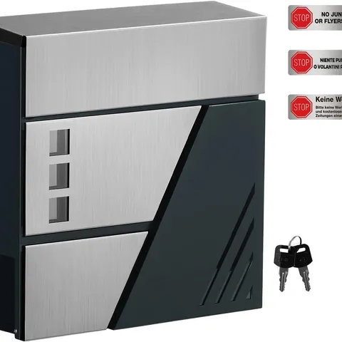 BOXED SONGMICS WALL MOUNTED LETTER BOX WITH VIEWING WINDOWS, STAINLESS STEEL, FOR GATE, FRONT DOOR, WITH LOCK AND KEYS
