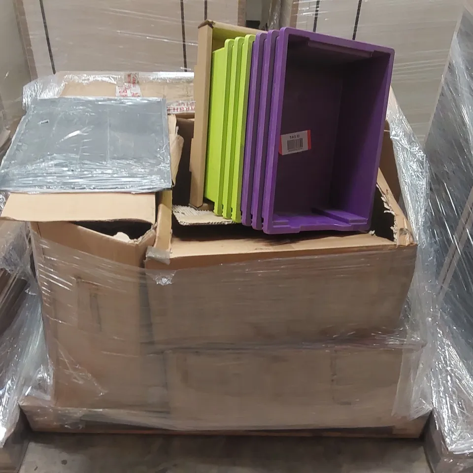 PALLET CONTAINING A LARGE ASSORTMENT OF OFFICE FURNITURE PARTS TO INCLUDE: CASTER WHEELS, STORAGE CONTAINERS ECT