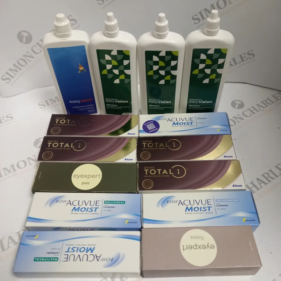 BOXED LOT TO CONTAIN APPROX. 30 X ASSORTED VISION CARE PRODUCTS. INCLUDES PACKS OF CONTACT LENSES & CONTACT LENSE CLEANING SOLUTION. BRANDS VARY