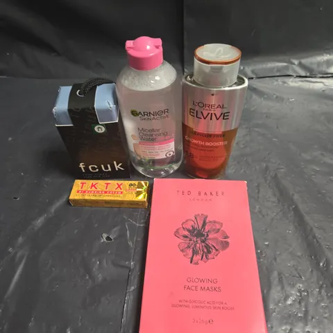 APPROXIMATEY 20 ASSORTED HEALTH AND BEAUTY PRODUCTS TO INCLUDE - TED BAKER FACE MASKS - L'OREAL ELVIVE SHAMPOO AND FCUK SOAP ON A ROPE