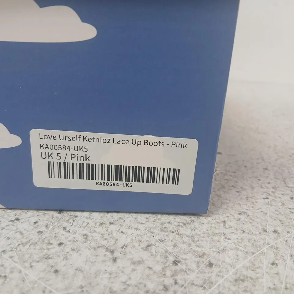 BOXED KETNIPZ X KOI LOVE URSELF KETNIPZ LACE UP BOOTS PINK SIZE 5