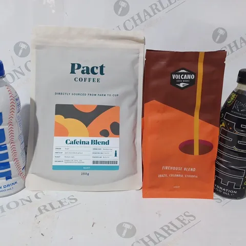 APPROXIMATELY 10 ASSORTED FOOD & DRINK ITEMS TO INCLUDE PRIME DODGERS DRINK, PACT COFFEE, VOLCANO COFFEE, ETC
