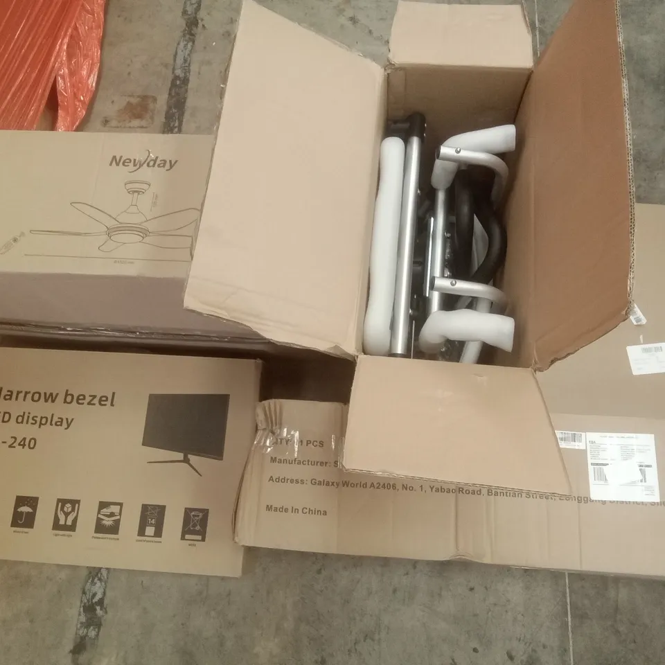PALLET OF ASSORTED ITEMS INCLUDING NEWDAY CEILING FAN, NARROW BEZEL LED DISPLAY, INNOTIC ELECTRIC CLOTHES AIRER, SHOWER SEAT, WARDROBE PARTITION 