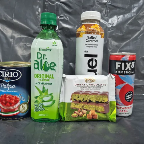 APPROXIMATELY 10 ASSORTED FOOD ITEMS TO INCLUDE ALOE VERA DRINK, HUEL, CHOPPED TOMATOES, ETC