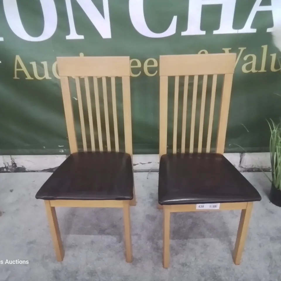 PAIR OXFORD OAK DINING CHAIRS BROWN SEAT PADS