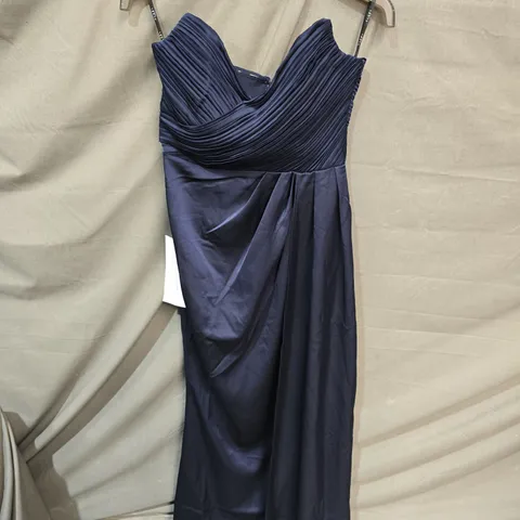 CLUB LONDON EDEL NAVY SATIN MAXI DRESS WITH DRAPED BODICE – UK 10