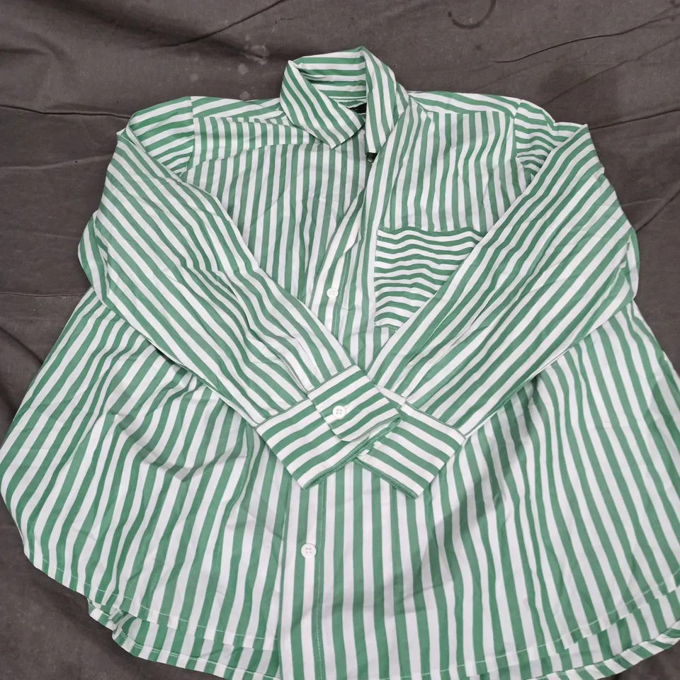 FRENCH CONNECTION STRIPED SHIRT – GREEN & WHITE, UK SIZE 12