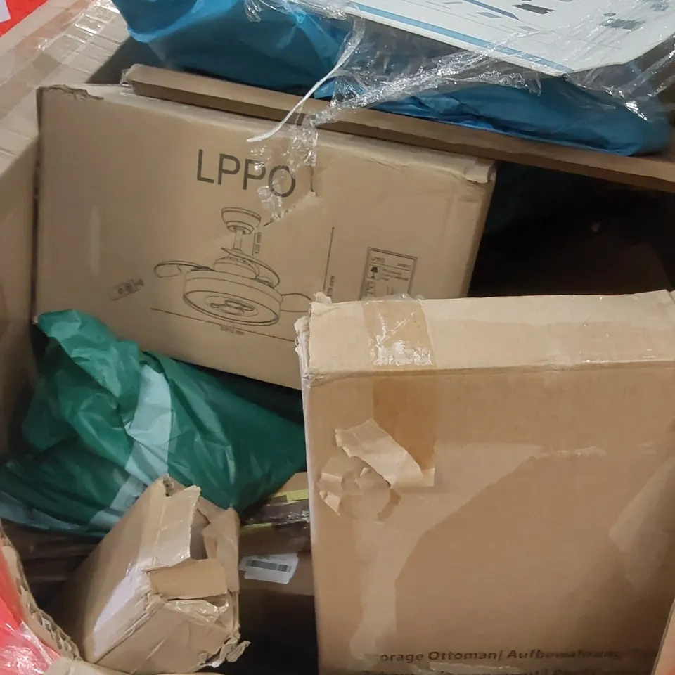 PALLET CONTAINING ASSORTED HOUSEHOLD PRODUCTS. INCLUDES CEILING FAN WITH LED LIGHT, VANITY MIRROR, STORAGE OTTOMAN, BOXED FURNITURE ETC