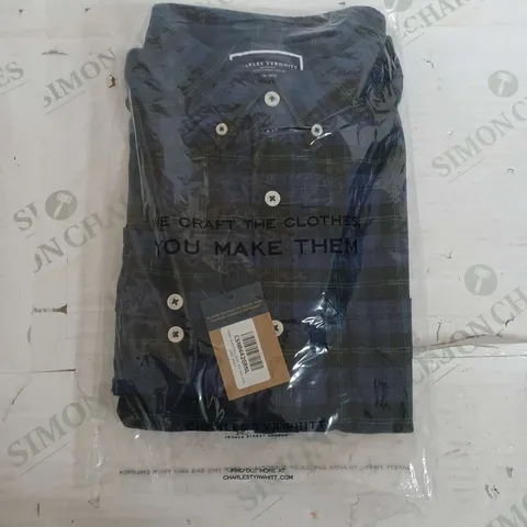 SEALED CHARLES TYRWHITT GREEN OVERCHECK SLIM FIT TWILL SHIRT - LARGE