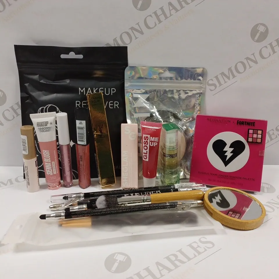APPROXIMATELY 20 ASSORTED MAKEUP PRODUCTS TO INCLUDE REVOLUTION X FORTNITE PALETTE, YVES SAINT LAURENT RADIANT TOUCH, TECHNIC EYELINER ETC.  