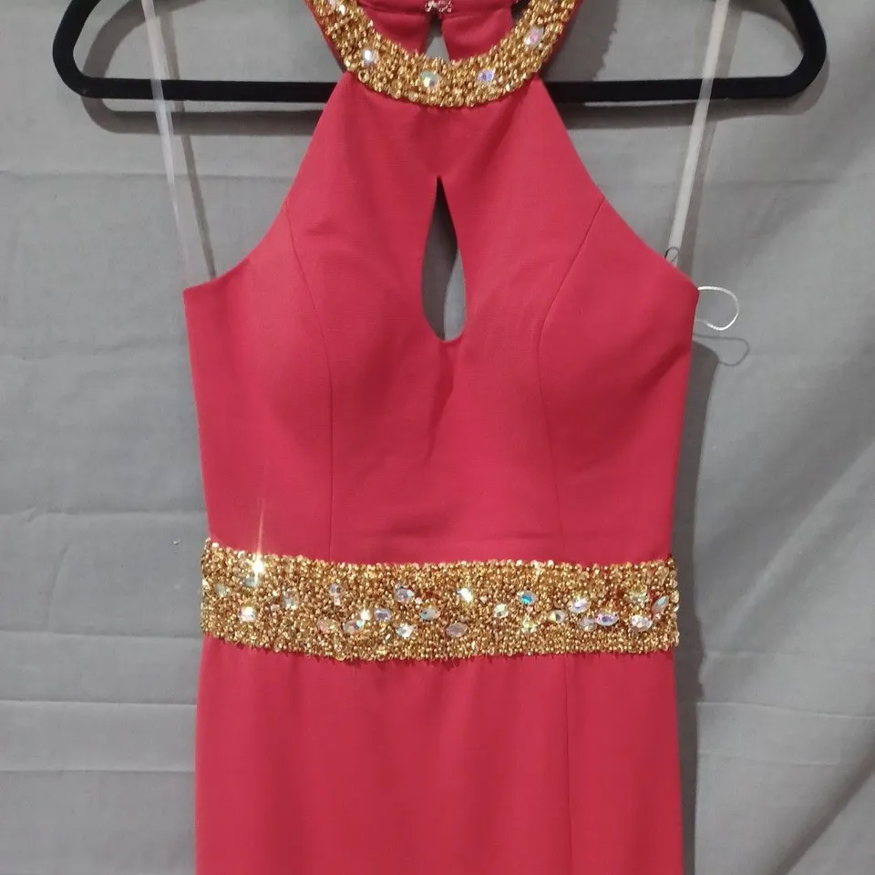 PIA MICHI HALTER NECK FAUX CRYSTAL DETAIL LONG DRESS IN RED - SIZE 36