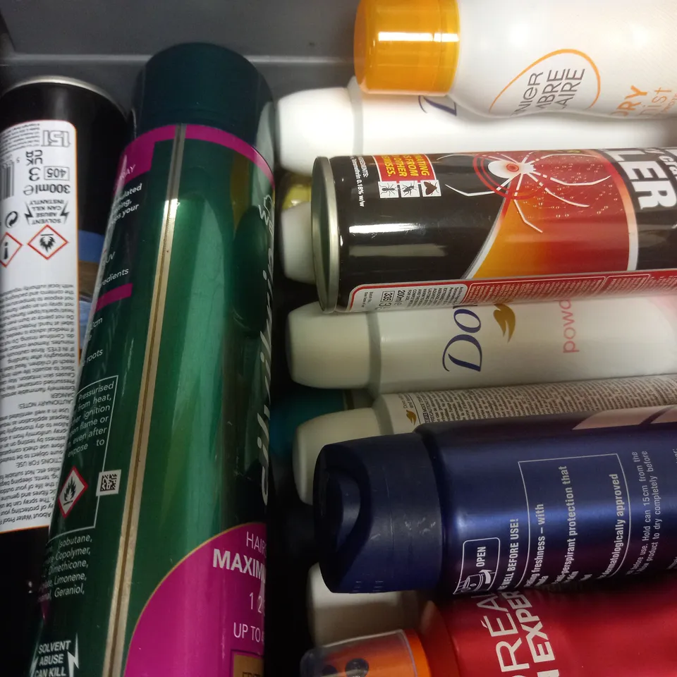 BOX OF APPROX 15 ASSORTED AEROSOLS TO INCLUDE SURE MEN DEODORANT, WELLA HAIRSPRAY, OUT&ABOUT WATERPROOF SPRAY, ETC 