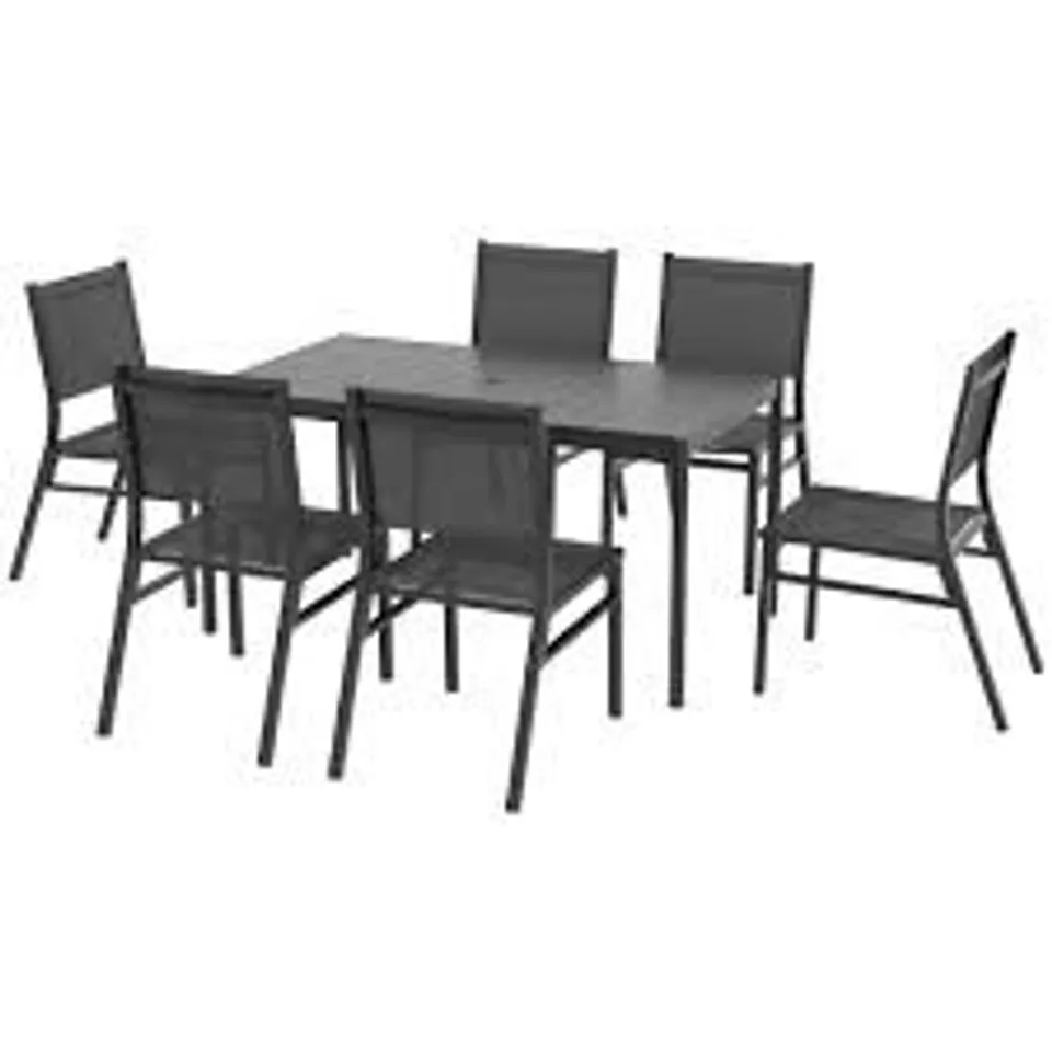 BOXED OUTSUNNY SEVEN-PIECE MINIMAL METAL GARDEN DINING SET, WITH PARASOL HOLE - BLACK (2 BOXES)