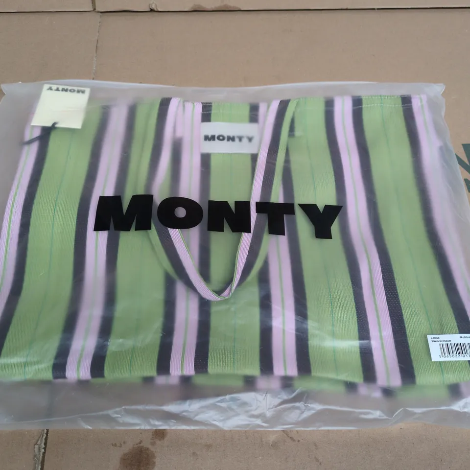 MONTY KIWI & BLOSSOM LARGE TOTE BAG – GREEN STRIPED