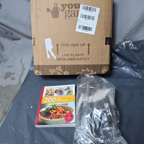 BOX OF APPROXIMATELY 15 ASSORTED HOUSEHOLD ITEMS TO INCLUDE THAI COOKBOOK, SLIPPERS, CLEMATIS COLLECTION ETC