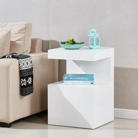 BOXED VOLTAIRE CONTEMPORARY SIDE TABLE IN WHITE HIGH GLOSS WITH 1 DRAWER