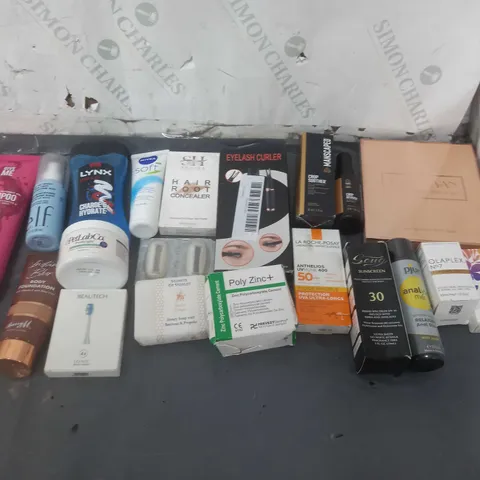 APPROXIMATELY 12 ASSORTED COSMETIC PRODUCTS TO INCLUDE GIVE ME SHAMPOO, INSTANT BLUE BODY FOUNDATION, AND HAIR ROOT CONCEALER ETC.