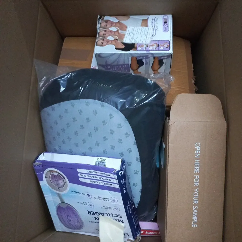 BOX CONTAINING A MIX OF APPROXIMATELY 10 ASSORTED ITEMS INCLUDING DOG PILLOW, ELECTRIC CAN OPENER ETC.