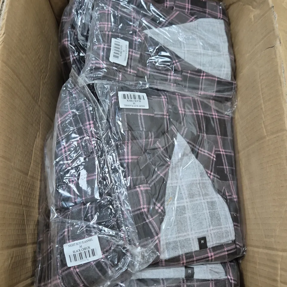 BOX OF APPROXIMATELY 30 NIGHT SUIT FLANNELS IN BLACK CHECK - SIZE MAY VARY - COLLECTION ONLY