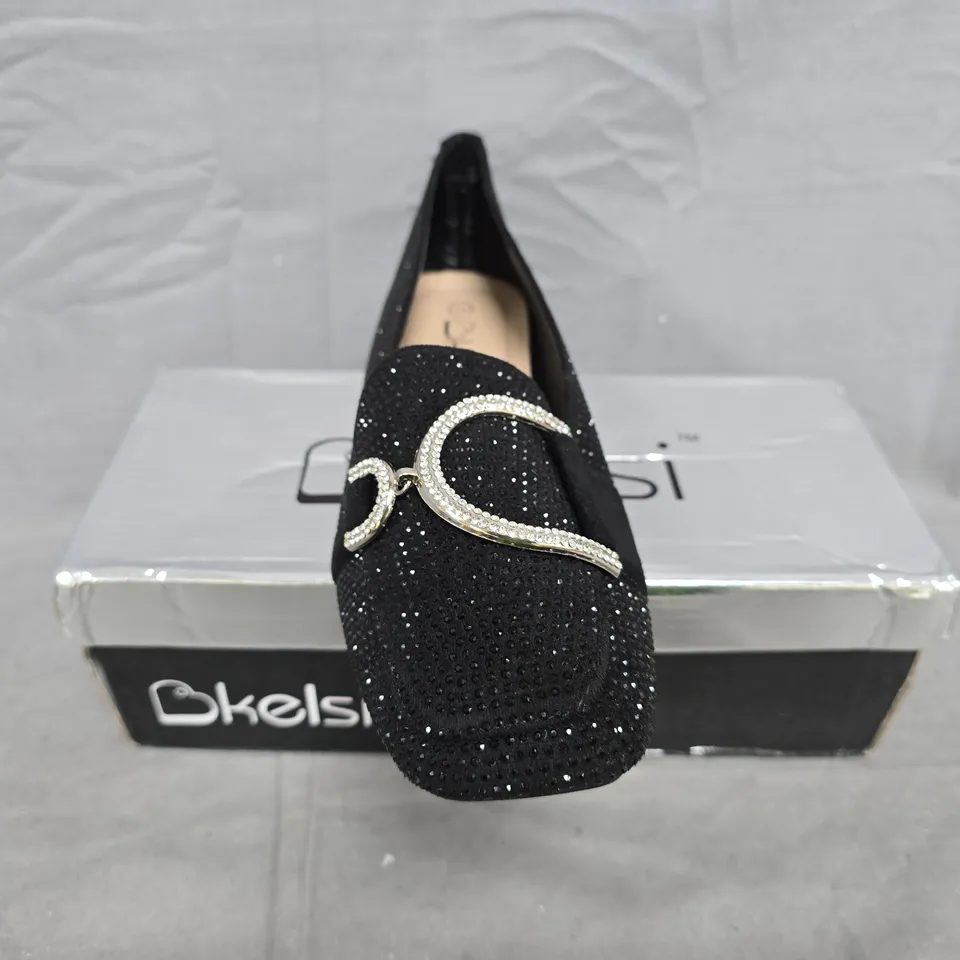 BOXED PAIR OF KELSI SLIP-ON SHOES IN BLACK W. DIAMANTE EFFECT SIZE EU 38