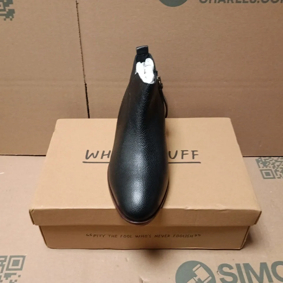 BOXED PAIR OF WHITE STUFF WIDE FIT LEATHER ANKLE BOOTS IN PURE BLACK - UK 6