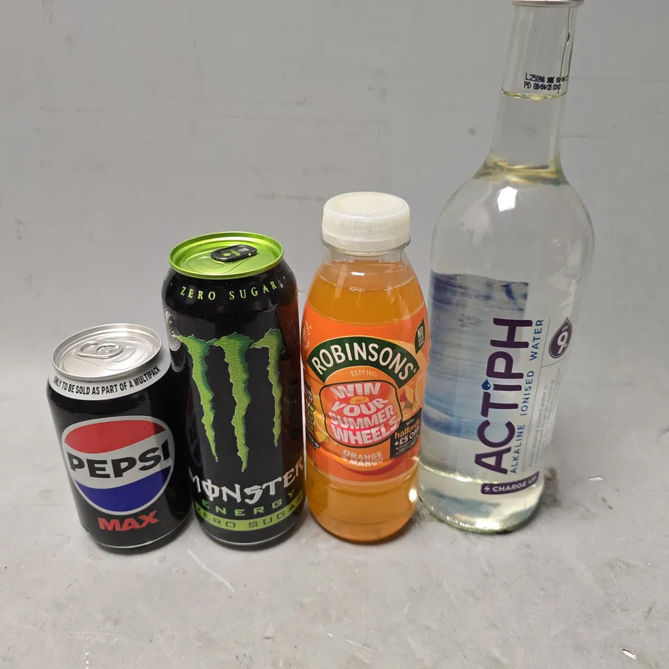 APPROXIMATELY 12 ASSORTED DRINKS ITEMS TO INCLUDE - MONSTER , PEPSI MAX , ROBINSONS ORANGE & MANGO ETC
