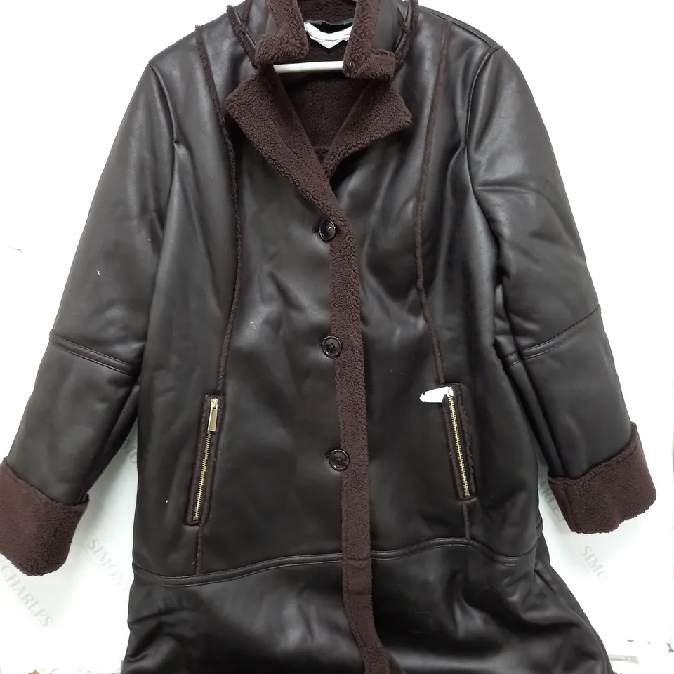 RUTH LANGSFORD FAUX SHEA COAT IN CHOCOLATE - SIZE 20
