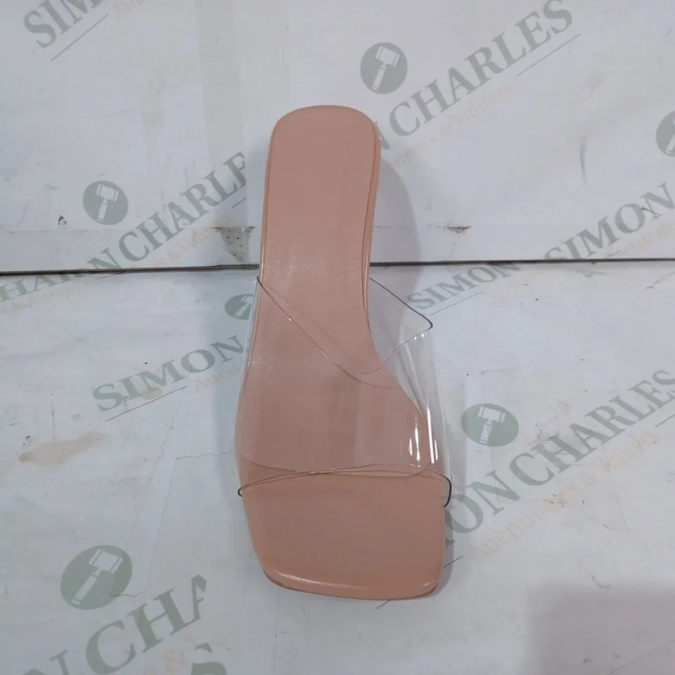 PAIR OF DESIGNER OPEN TOE CLEAR HEEL AND STRAP SANDALS IN NUDE COLOUR EU SIZE 38
