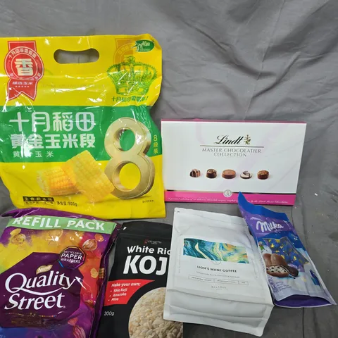 APPROXIMATELY 10 ASSORTED FOOD/DRINK PRODUCTS TO INCLUDE QUALITY STREET, KOJI RICE, LINDT CHOCOLATE ETC 