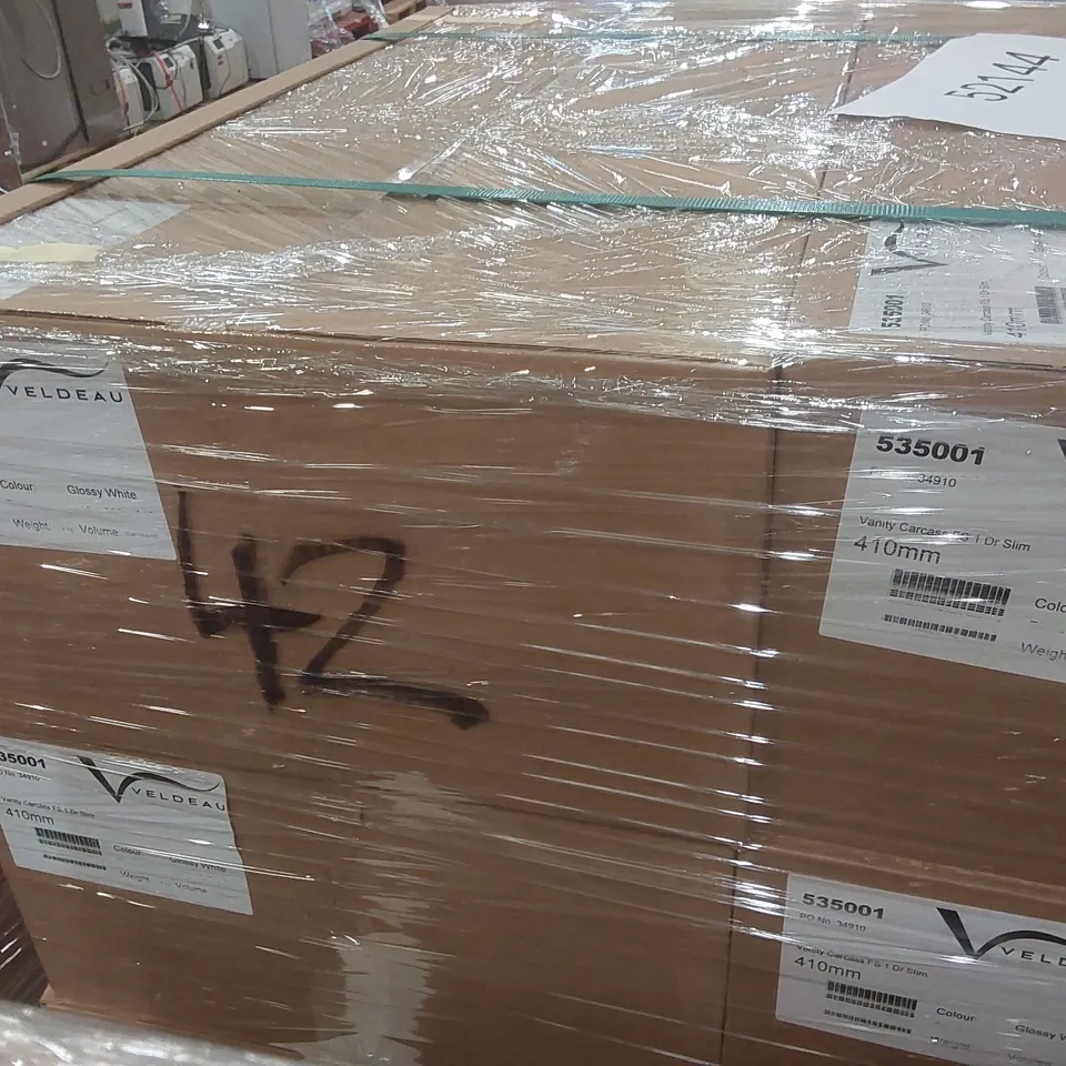 PALLET CONTAINING A LARGE QUANTITY OF ASSORTED BATHROOM FURNITURE PARTS INCLUDING: VELDEAU VANITY CARCASSES ECT