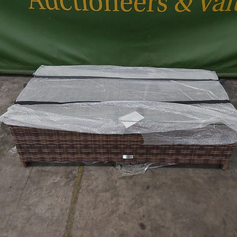 DESIGNER RATTAN COFFEE WITH 2 UNDERSIDE STOOLS WITH CUSHIONS