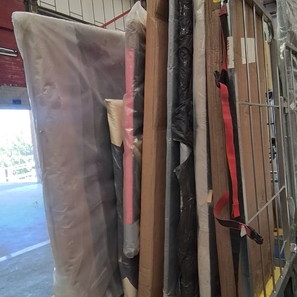 CAGE CONTAINING 8 HEADBOARDS IN VARIOUS SIZES AND COLOURS