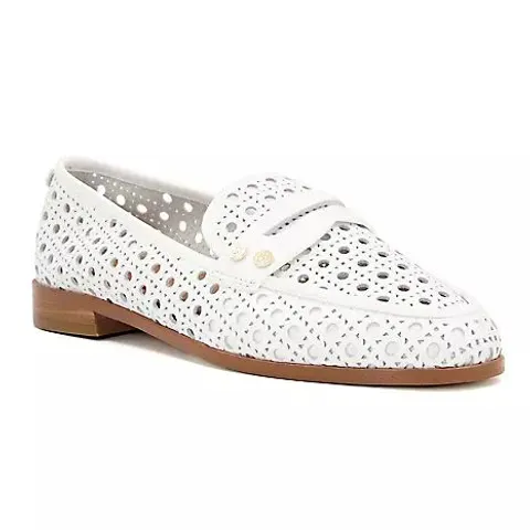 BOXED PAIR OF DUNE LONDON GLIMMERED LOAFERS IN WHITE SIZE 3