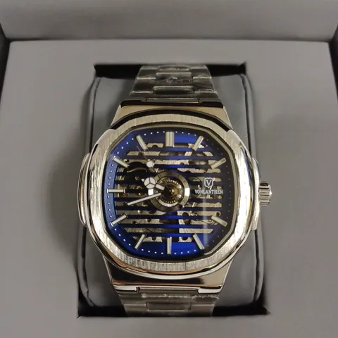 VONLANTHEN MEN'S AUTOMATIC BLUE PART SKELETON DIAL BRACELET STRAP WRISTWATCH