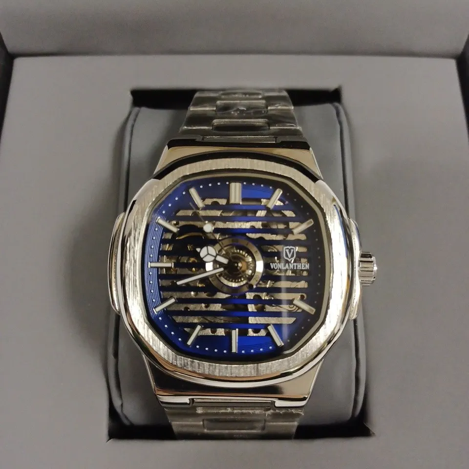 VONLANTHEN MEN'S AUTOMATIC BLUE PART SKELETON DIAL BRACELET STRAP WRISTWATCH 