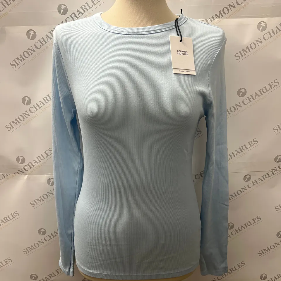 COLOURFUL STANDARD ORGANIC RIBBED LONG SLEEVE TOP IN POLAR BLUE SIZE M