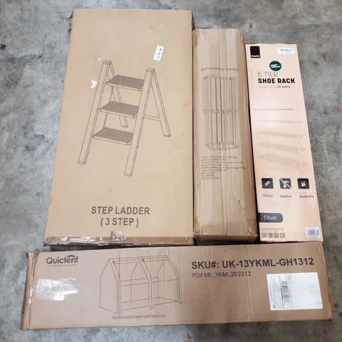 PALLET CONTAINING ASSORTED PRODUCTS INCLUDING 5-TIER SHOE RACK, STUFFED ANIMAL STORAGE, STEP LADDERS & GREENHOUSE 180×90×90CM