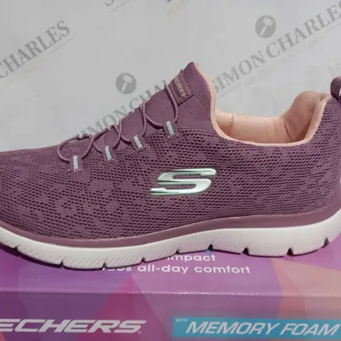 BOXED PAIR OF SKECHERS MEMORY FOAM TRAINERS IN PURPLE UK SIZE 6