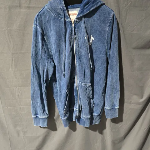 TRUE RELIGION DENIM HOODED JACKET – ZIP FRONT, CHEST LOGO, SIZE S/P (SMALL/PETITE)