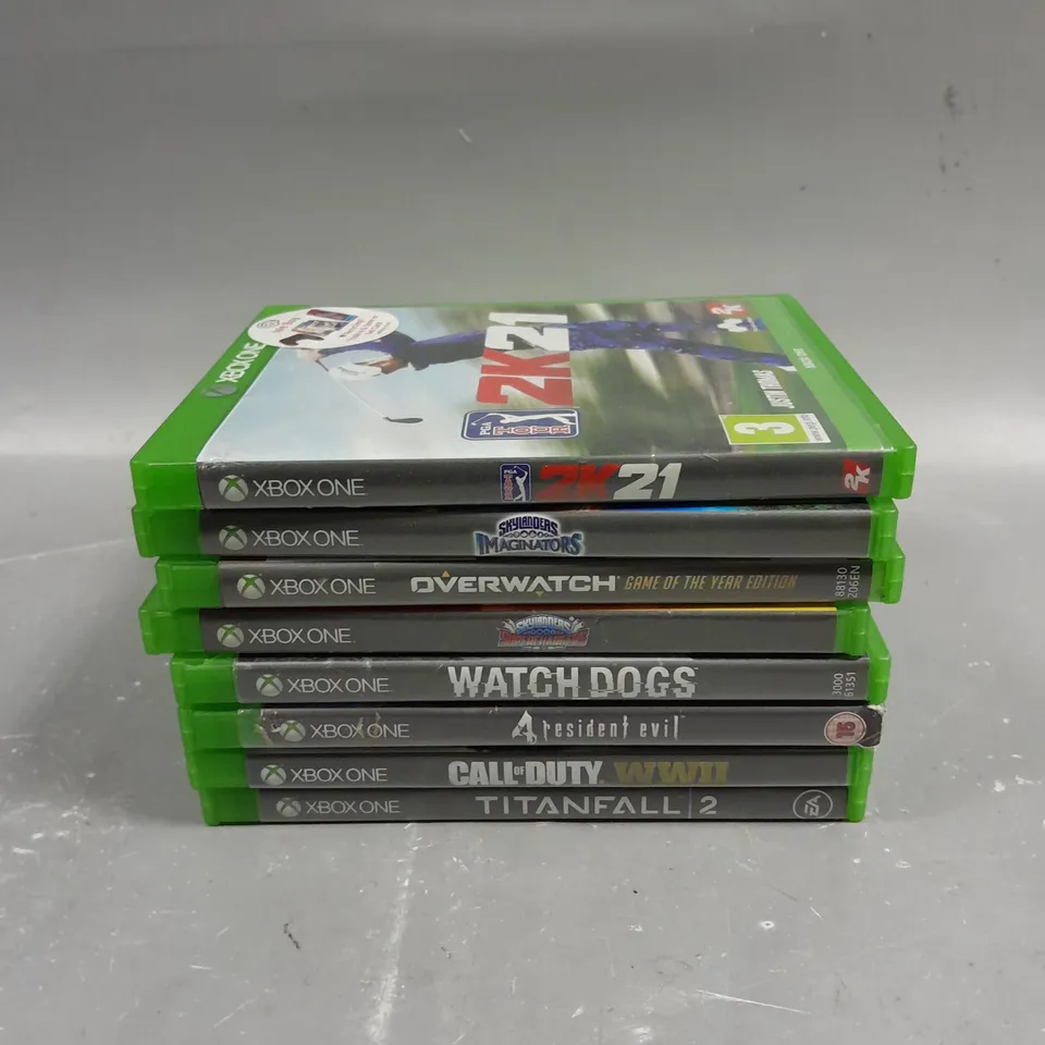 8 X ASSORTED XBOX ONE VIDEO GAMES TO INCLUDE WATCH DOGS, TITANFALL 2, CALL OF DUTY WWII ETC 