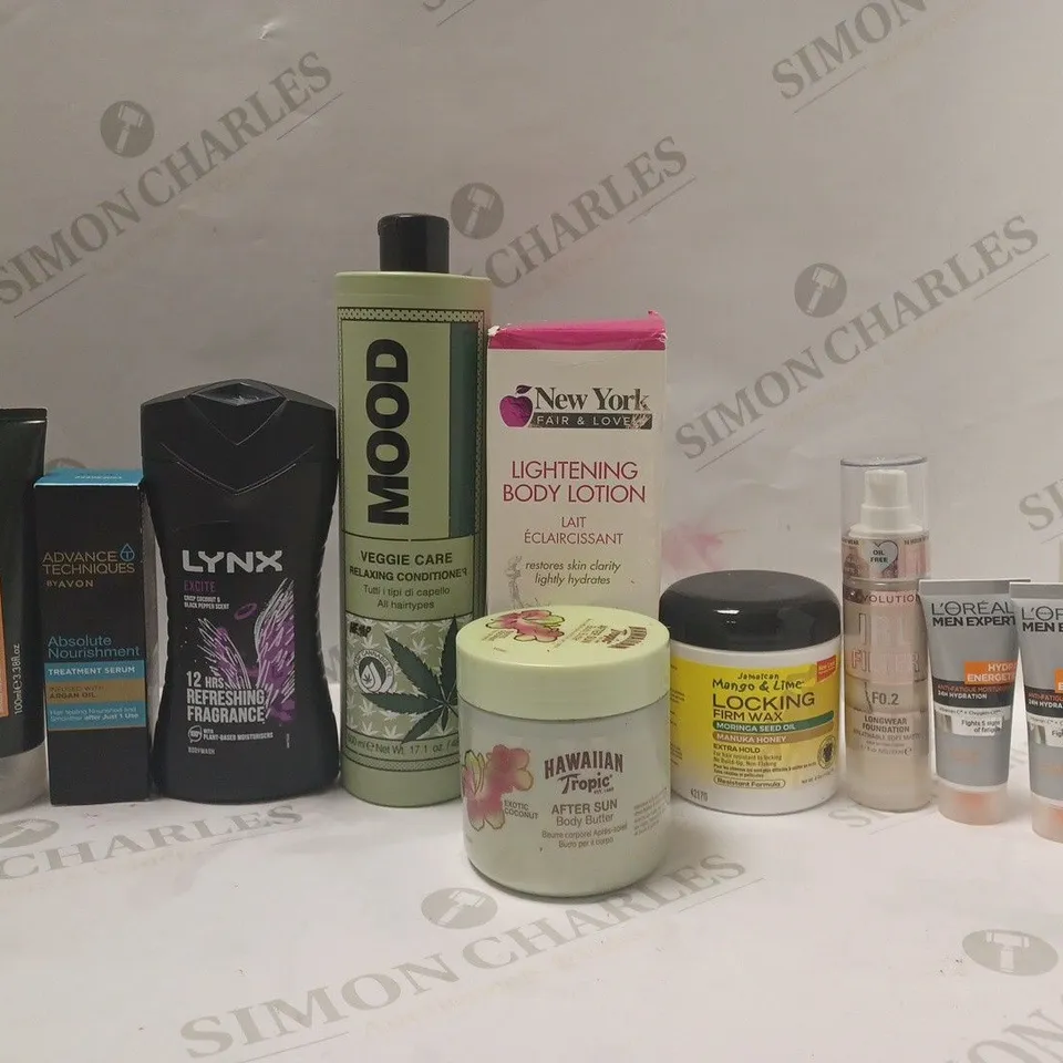 BOX OF APPROX 10 ASSORTED BEAUTY PRODUCTS TO INCLUDE LYNX BODY WASH, MANCAVE ATHLETE CHAMOIS CREAM, GRUUM COOLING MIST SPRAY, ETC 