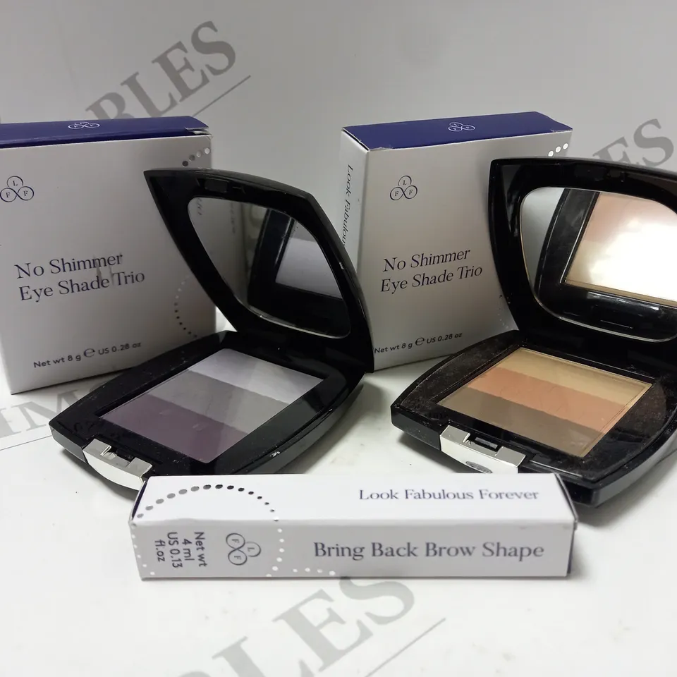 BOX OF 3 ASSORTED LOOK FABULOUS FOREVER PRODUCTS TO INCLUDE NO SHIMMER EYE SHADE TRIO #SOFT PURPLES, NO SHIMMER EYE SHADE TRIO #SOFT NEUTRALS, BRING BACK BROW SHAPE #GREY 