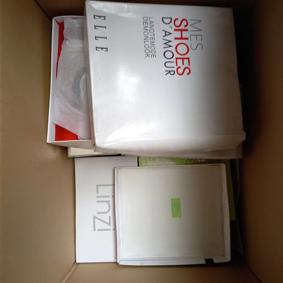 BOX OF 10 PAIRS OF ASSORTED SHOES IN VARIOUS COLOURS, STYLES AND SIZES