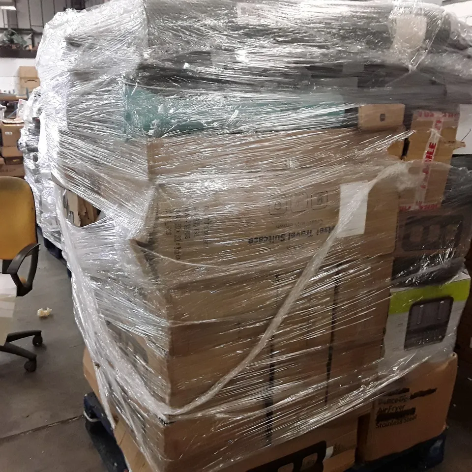 PALLET OF ASSORTED HOUSEHOLD GOODS AND PRODUCTS TO INCLUDES:YOGA MATTS,AIR FRYER,SUITCASES,PADDED CAMPING CHAIRS 