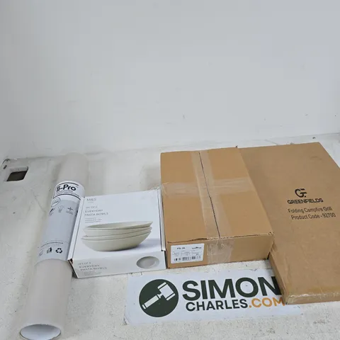 BOX OF APPROXIMATELY 6 ASSORTED PRODUCTS INCLUDING A FOLDING CAMPFIRE GRILL, COAT HANGERS AND M&S SET OF 4 EVERYDAY PASTA BOWLS