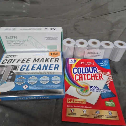 APPROXIMATELY 15 ASSORTED HOUSEHOLD ITEMS TO INCLUDE TILL ROLL PAPER, DYLON COLOUR CATCHER SHEETS AND COFFEE MAKER CLEANER