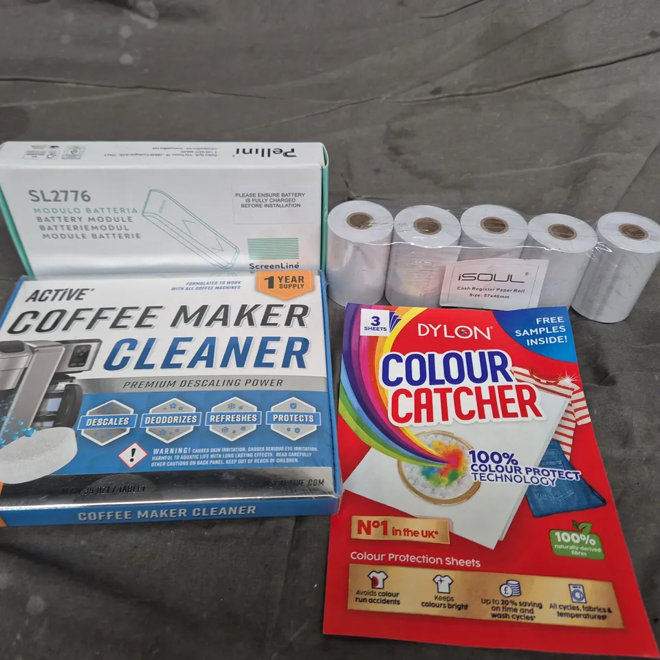 APPROXIMATELY 15 ASSORTED HOUSEHOLD ITEMS TO INCLUDE TILL ROLL PAPER, DYLON COLOUR CATCHER SHEETS AND COFFEE MAKER CLEANER