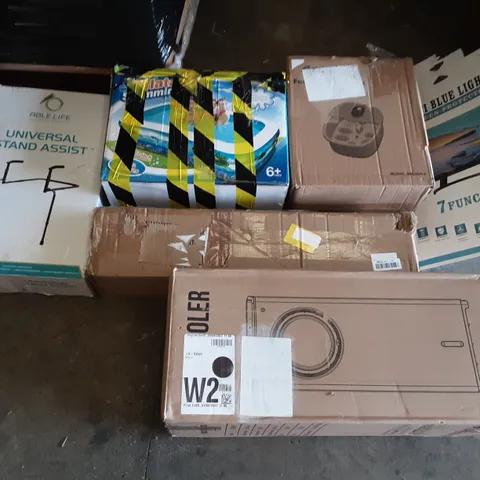 PALLET OF ASSORTED PRODUCTS INCLUDING AIR COOLER, ABLE LIFE UNIVERSAL STAND ASSIST, FOOT BATH, INFLATABLE SWIMMING POOL, WOODEN BED RAIL, ALPHA CAMP FOLDOUT BED