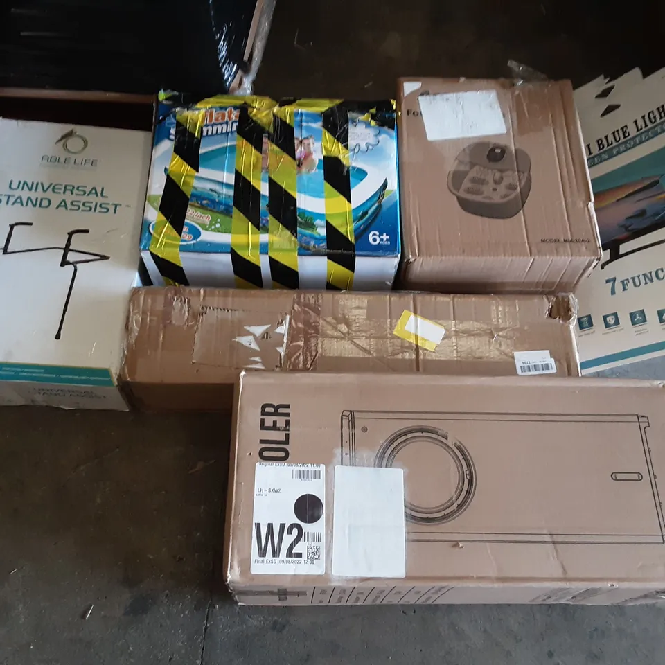 PALLET OF ASSORTED PRODUCTS INCLUDING AIR COOLER, ABLE LIFE UNIVERSAL STAND ASSIST, FOOT BATH, INFLATABLE SWIMMING POOL, WOODEN BED RAIL, ALPHA CAMP FOLDOUT BED
